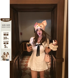 微胖mm娃娃领学院风连衣裙气质收腰棉感A字裙 圣马丁学院 你 鱼