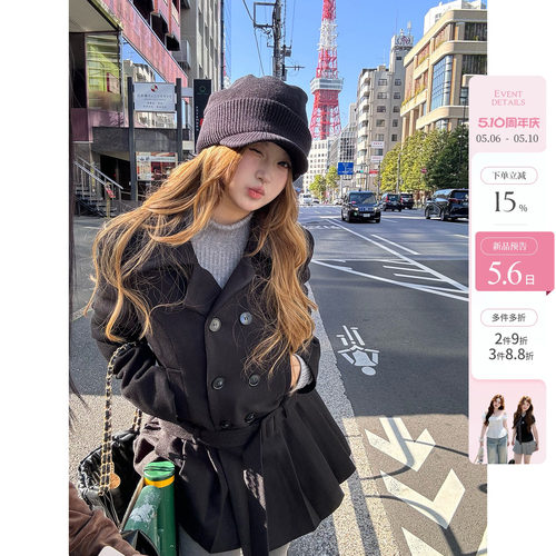 你的鱼 新宿栗蓉 韩系微胖mm设计感气质显瘦呢子连衣裙大衣外套