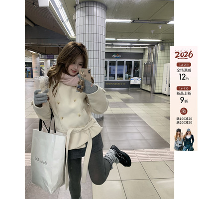 你的鱼 雪落有声 韩系微胖mm温柔感双排扣腰带毛呢外套套装