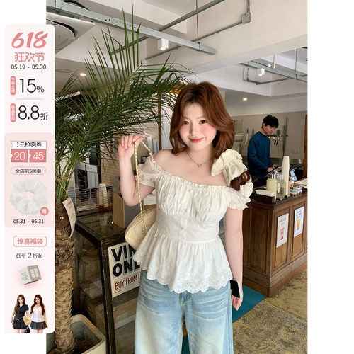你的鱼 小夏日和 韩系微胖mm春夏花边泡泡袖两穿打揽收腰显瘦上衣