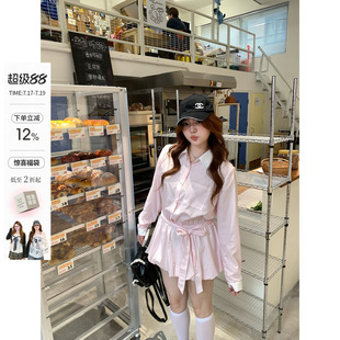 你的鱼 莓莓慕礼 韩系微胖mm春夏条纹收腰绑带花苞衬衫长袖连衣裙