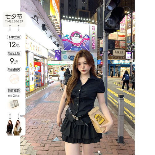你的鱼 韩女进阶 韩系微胖mm显瘦遮肚甜辣夏泡泡袖短衬衫蛋糕半裙