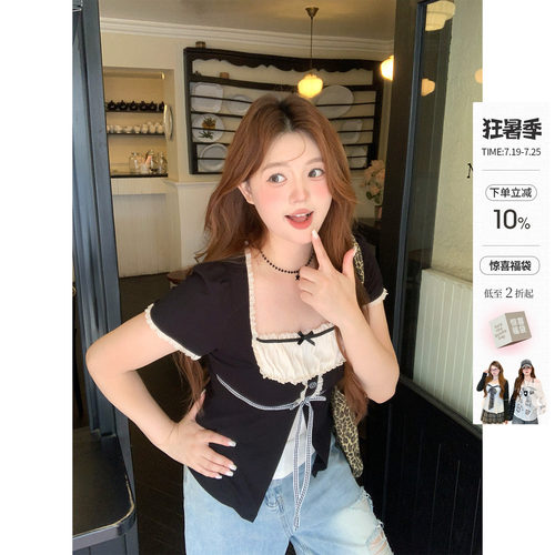 你的鱼 光影轮廓 韩系微胖mm少女感假两件bm风蕾丝夏日短袖短上衣
