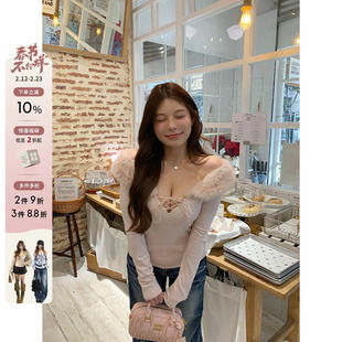 你的鱼 欲系芭蕾 韩系微胖mm纯欲性感设计感毛领交叉绑带春款上衣