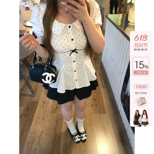 你的鱼 白茶莉莉安 韩系微胖mm夏日学院miu系波点泡泡袖衬衫半裙