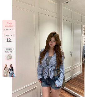 背心套装 你 韩系微胖mm轻薄时髦春夏叠穿格纹衬衫 失联信号 鱼