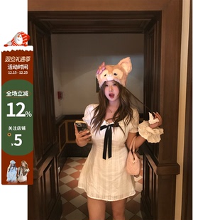 微胖mm娃娃领学院风连衣裙气质收腰棉感A字裙 圣马丁学院 你 鱼