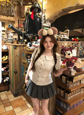 你的鱼 少女茶话会 韩系微胖mm春夏条纹蕾丝泡泡袖衬衫半裙套装
