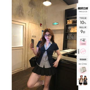 你的鱼 半岛失格 韩系微胖mm学院风春夏假两件扭结格纹短袖套装