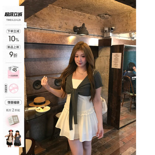 你的鱼 白黎情书 韩系微胖mm初恋感春夏方领连衣裙绑带开衫套装