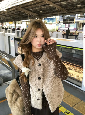 你的鱼 焦糖泡芙 韩系微胖mm甜美碎花长袖打底毛绒马甲半裙套装