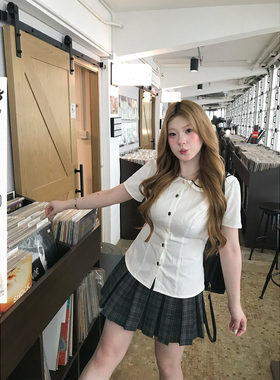 你的鱼 少女航海家 韩系微胖mm海军领学院感收腰短袖衬衫夏日套装