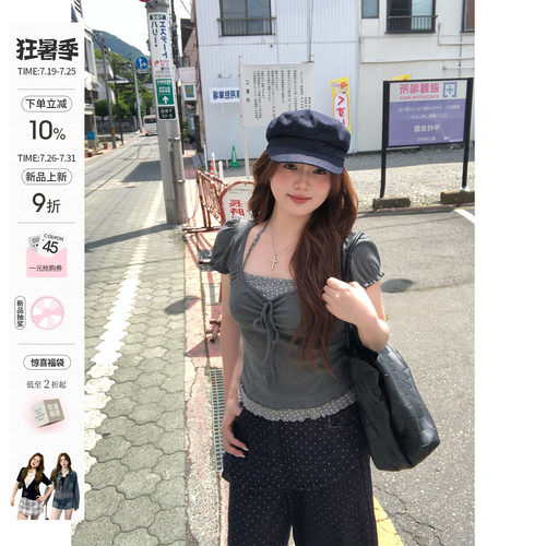 你的鱼 香系oni 韩系微胖mm夏日波点假两件日杂清新少女感短T套装