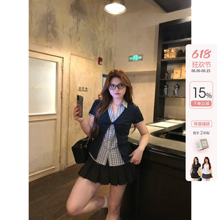 你的鱼 半岛失格 韩系微胖mm学院风春夏假两件扭结格纹短袖套装