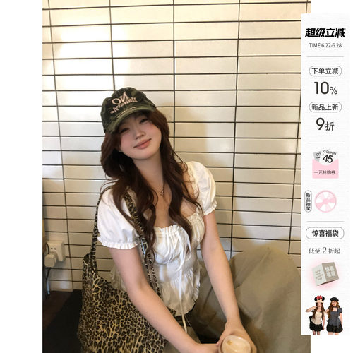 你的鱼 松弛智妍 韩系微胖mm春夏系带抽褶日常甜系休闲泡泡袖上衣