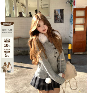 韩系微胖mm日系日杂风毛领连帽毛织格纹半裙套装 小栗川奈 鱼 你