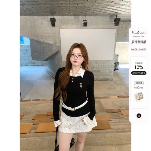 你的鱼 左岸温莎 韩系微胖mm秋季波点长袖假两件腰带半裙套装
