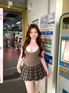 你的鱼 微醺百利甜 韩系微胖mm清纯春夏学院风假两件上衣半裙套装