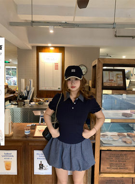 你的鱼 天菜比例 微胖mm甜美泡泡袖春夏polo领格纹花苞半裙套装