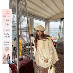 韩系微胖mm千金感初春系带斗篷毛呢外套波点套装 氧气森林 鱼 你