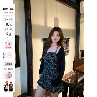 你的鱼 夏雾野玫 韩系微胖mm法式复古感碎花春夏开衫吊带连衣裙
