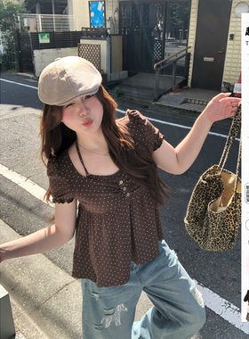 你的鱼 枫糖热恋 韩系微胖mm古早夏日假两件显瘦波点挂脖短袖上衣