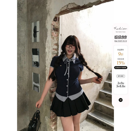 你的鱼 柠香町蓝 韩系微胖mm学院风格纹夏日假两件短袖半裙套装