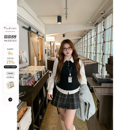 你的鱼 英伦礼拜日 韩系微胖mm秋季学院风卫衣衬衫百褶半裙套装
