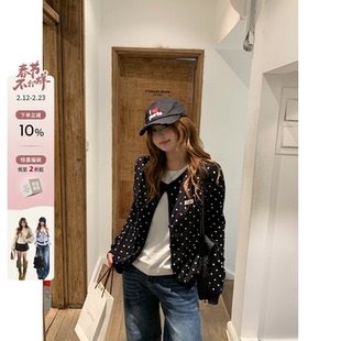 你的鱼 韩女设定 韩系微胖mm黑白波点假两件圆领显瘦针织上衣