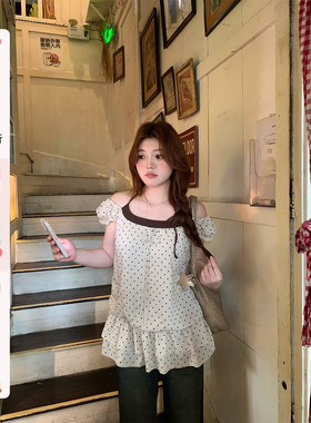 你的鱼 奶杏布朗 韩系微胖mm春夏叠穿假两件泡泡袖荷叶波点上衣