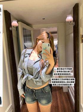 你的鱼 奥菲利亚 韩系微胖mm性感低腰春夏卷边水洗猫须牛仔短裤