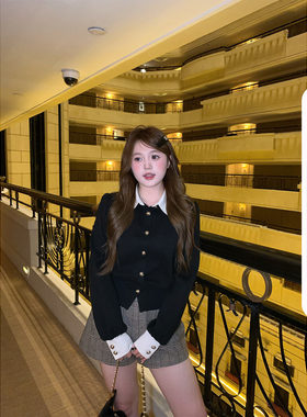 你的鱼 小天使 微胖mm千金风撞色衬衫领短外套格纹短裤秋季套装