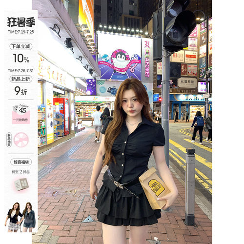 你的鱼 韩女进阶 韩系微胖mm显瘦遮肚甜辣夏泡泡袖短衬衫蛋糕半裙