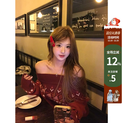 你的鱼 圣诞费尔岛 韩系微胖mm一字肩氛围感宽松毛织上衣半裙套装