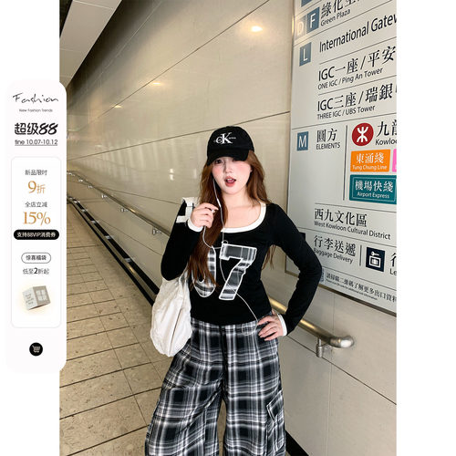 你的鱼 Vtg星球 韩系微胖mm露肩休闲印花修身T恤格纹裤秋季套装