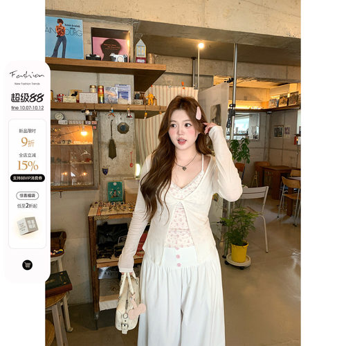 你的鱼 桃乐丝甜心 韩系微胖mm少女碎花叠穿挂脖吊带扭结早秋套装