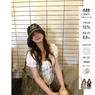 你的鱼 松弛智妍 韩系微胖mm春夏系带抽褶日常甜系休闲泡泡袖上衣