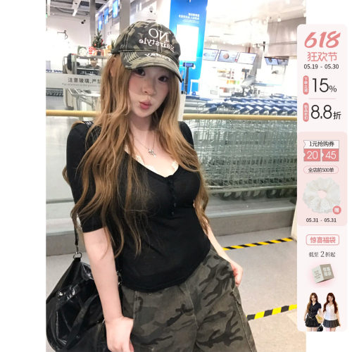 你的鱼 韩女daily 韩系微胖mm纯欲蕾丝亨利领春夏针织轻薄短上衣