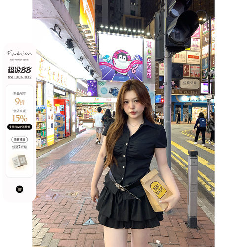 你的鱼 韩女进阶 韩系微胖mm显瘦遮肚甜辣夏泡泡袖短衬衫蛋糕半裙