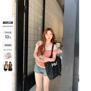你的鱼 热恋红莓 韩系微胖mm春夏格纹花边泡泡袖两穿bm风短袖上衣