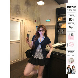 你的鱼 半岛失格 韩系微胖mm学院风春夏假两件扭结格纹短袖套装