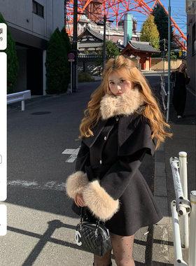你的鱼 京都美奈 韩系微胖mm千金感显瘦毛领披肩连衣裙大衣外套