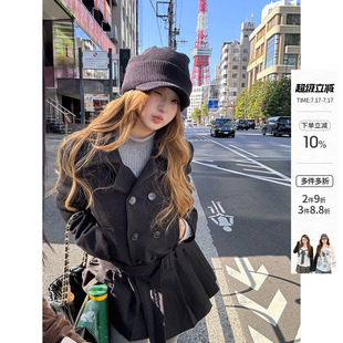 你的鱼 新宿栗蓉 韩系微胖mm设计感气质显瘦呢子连衣裙大衣外套