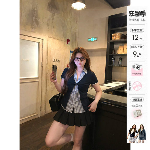 你的鱼 半岛失格 韩系微胖mm学院风春夏假两件扭结格纹短袖套装