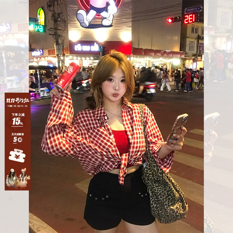 你的鱼 复古格调 日系格子衬衫外套挂脖吊带夏日俏皮微胖mm套装