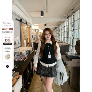 你的鱼 英伦礼拜日 韩系微胖mm秋季学院风卫衣衬衫百褶半裙套装
