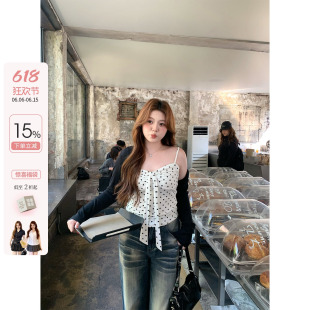 你的鱼 心动啵啵 韩系微胖mm春夏抽褶针织收腰系带波点吊带开衫