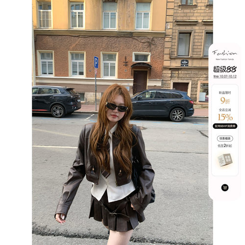 你的鱼 巧克甜心 微胖mm学院风领带衬衫翻领短外套气质百褶裙套装