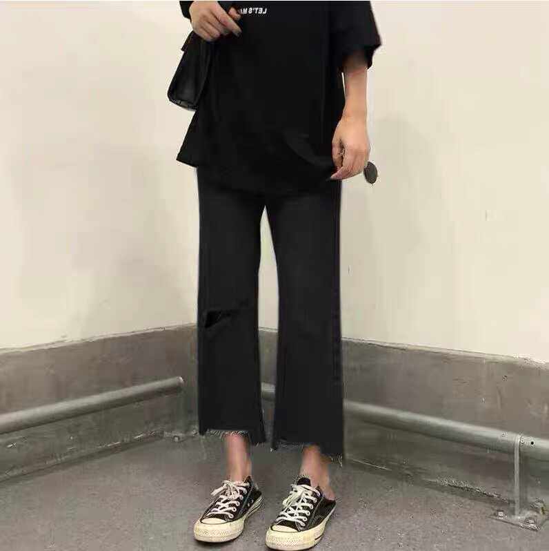 孕妇牛仔裤破洞直筒托腹裤春秋韩版宽松九分阔腿打底裤外穿8123