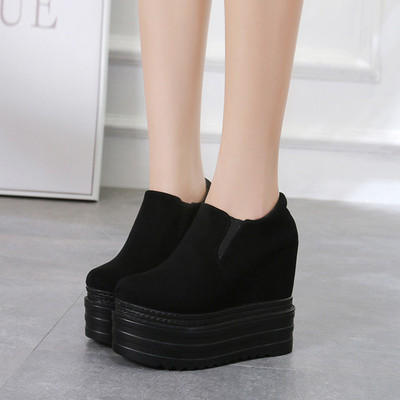 13cm内增高女鞋黑色磨砂坡跟不累脚秋冬小个子厚底踝靴超高跟女靴